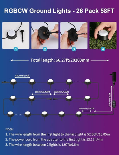 APPECK Outdoor Ground Lights 26 Pack, 58FT RGBCW Pathway Lights Wired | Tunable White Landscape Lights, DIY Scene Modes, IP65 Waterproof, for Path Yard Lawn Patio, Holiday Decor, App/Remote Control