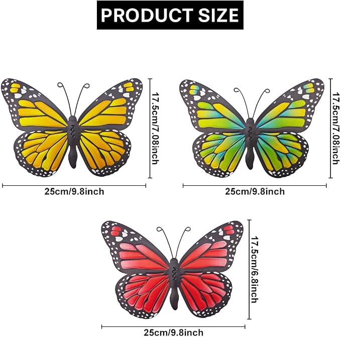 EOORAU Metal Butterfly Wall Decor - 3 Pack Lifelike Butterflies Wall Art Sculpture Hanging Decorations for Indoor or Outdoor, Yard Patio Fence Garden Decoration