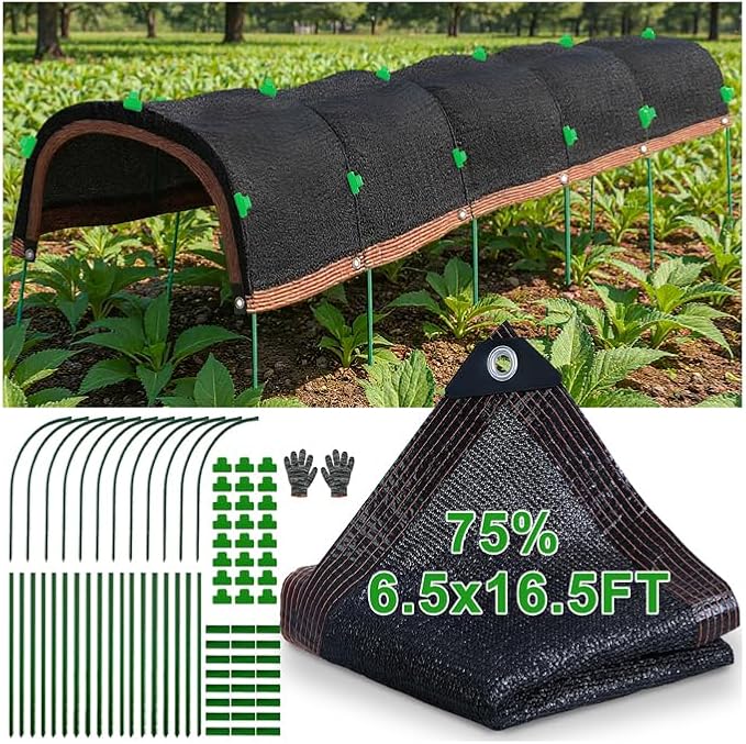 Upgraded Garden Shade Kit, 16.5x6.5FT Shade Cloth for Garden with 6 Poles, Clips and Gloves, Plant Shades for Outdoor Plants Provides 75% Heat Protection for Vegetables Greenhouse Garden Bed Shade