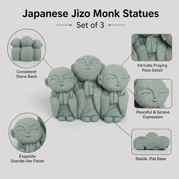 Triple Jizo Monk Statue, Sandstone Figurine for Zen Aquarium Decor | Triple Jizo monk sandstone figurine with connected design for aquarium decor, bonsai displays, and minimalist zen spaces