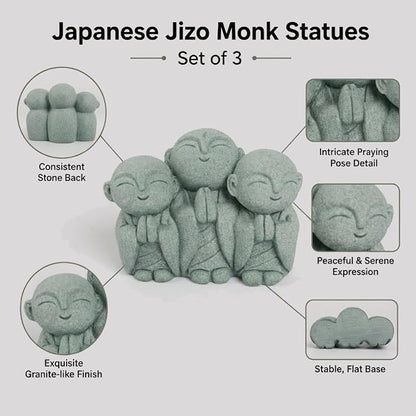 Triple Jizo Monk Statue, Sandstone Figurine for Zen Aquarium Decor | Triple Jizo monk sandstone figurine with connected design for aquarium decor, bonsai displays, and minimalist zen spaces