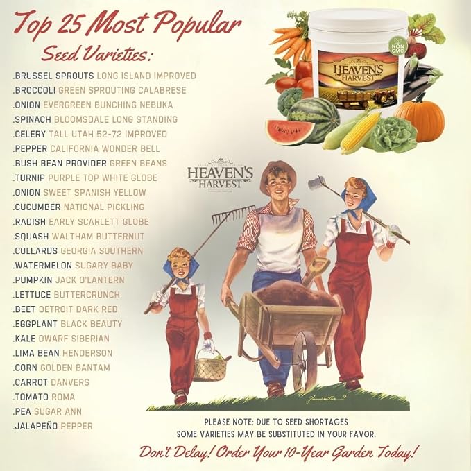 Heaven’s Harvest - 10 Year Survival Or Homestead Garden | 25k+ Heirloom Vegetable Seed Bank Kit | Includes Seed Vault Storage Drum | Non-GMO
