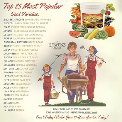 Heaven’s Harvest - 10 Year Survival Or Homestead Garden | 25k+ Heirloom Vegetable Seed Bank Kit | Includes Seed Vault Storage Drum | Non-GMO