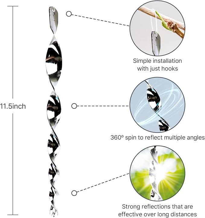T TORTO9 Double-Sided Bird Reflectors Kit (12-Piece Set) – 6 Hanging Units (Each with 3 Reflective 3.9” Discs) + 6 Bird Scare Rods Designed to Discourage Bird Activity