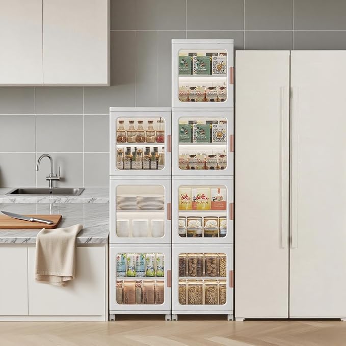 3-Tier Slim Bathroom Storage Cabinet for Small Space,White | Quick Assembly,Foldable,Plastic Organizers,Magnetic Doors,Adjustable Shelves,Narrow Storage Cabinet,Wheels