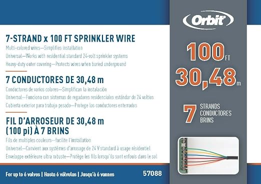 Orbit 57088 Underground Sprinkler Wire, 7-Strand Solid, 100 Ft, UF/UL Listed, Multi-Color, 18-Gauge