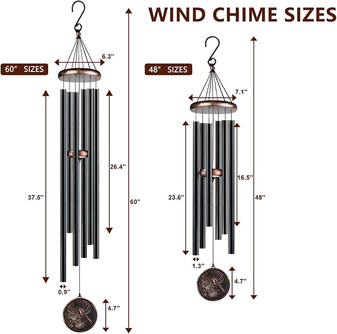 60 Inch Large Wind Chimes for Outside, Deep Tone Hummingbird Decor | Deep relaxing tones, 60-inch size, weather-resistant aluminum, vintage hummingbird design, gift boxed and ready to hang