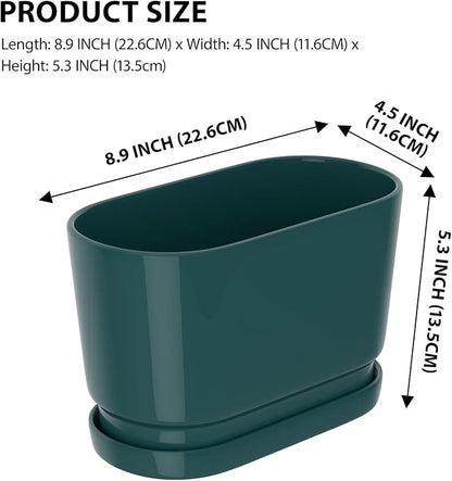 8.9" Rectangular Ceramic Planter with Drainage and Saucer, Green | Indoor Outdoor Use, 8.9"L x 4.5"W x 5.3"H, Modern Home Decor, Window Box Planter, Green Glossy Finish