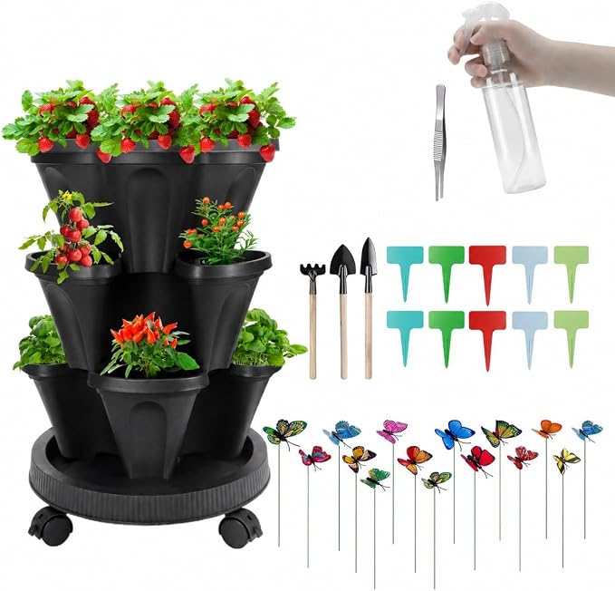 GameXcel Vertical Planter, 3 Tier Stackable Strawberry Planter with Garden Tool Set, Movable Indoor/Outdoor Garden Herb Pot for Growing Vegetables and Succulents, Black