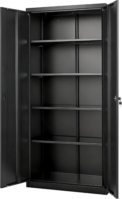 VEVOR Metal Storage Cabinet, Lockable Steel Garage Cabinet with Magnetic Doors and Adjustable Shelves, 2 Keys, 5-Tiers Tall Tool Locker for Home, Office, School, Pantry, Warehouse, Laundry, Black