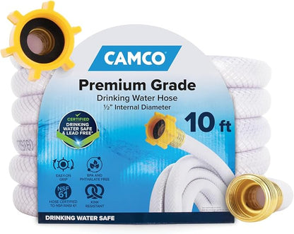 Camco TastePURE 10-Ft Water Hose - RV Drinking Water Hose Contains No Lead, No BPA & No Phthalate - Features Diamond-Hatch Reinforced PVC Design - 1/2” Inside Diameter, Made in the USA (22743)