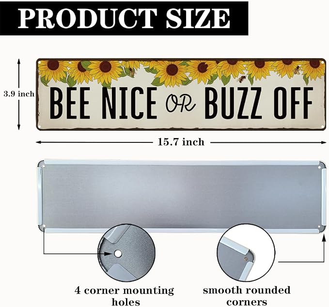 Honey Garden Metal Tin Sign, Funny Vintage Farmhouse Decor, Bee Nice or Buzz Off Sign, for Yard Fence Door Porch, Indoor Outdoor Garden Decoration, Ideal for Bee Lovers, 15.7 x 3.9 Inches