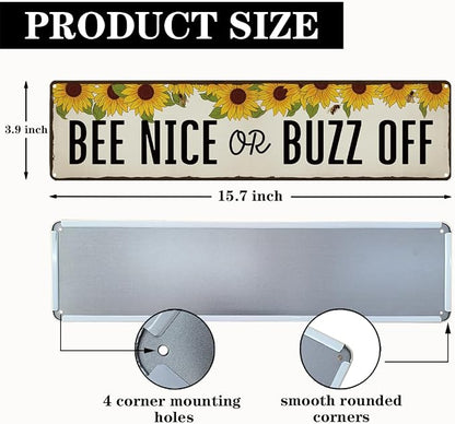 Honey Garden Metal Tin Sign, Funny Vintage Farmhouse Decor, Bee Nice or Buzz Off Sign, for Yard Fence Door Porch, Indoor Outdoor Garden Decoration, Ideal for Bee Lovers, 15.7 x 3.9 Inches