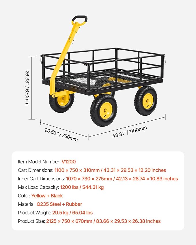VEVOR Steel Garden Cart, 1200 lbs Heavy Duty Pullable Garden Wagon Yard Cart, 2 in 1 Outdoor Metal Utility Wagon Yard Trailer with 13" All Terrain Tires, Mesh Detachable Sides and 180° Rotating Handle