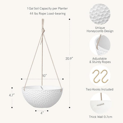 LA JOLIE MUSE 10 Inch Hanging Planters for Indoor Plants, Outdoor Garden Planter Pots, White, Honeycomb, Set of 2