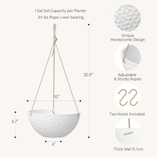 LA JOLIE MUSE 10 Inch Hanging Planters for Indoor Plants, Outdoor Garden Planter Pots, White, Honeycomb, Set of 2