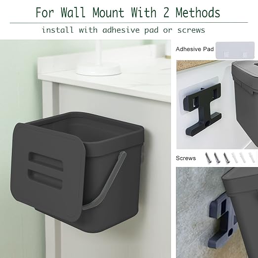 Kitchen Trash Can with Lid, LALASTAR Wall-Mounted Under Sink Small Garbage Can for Kitchen, Bathroom, Compost Bin Countertop, Cabinet Trash Can Hanging, 1.8 Gallon, (Black, 7L)