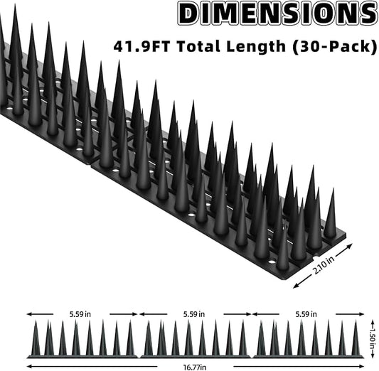 Bird Spikes, 30 Pack, 41.9 FT Total Coverage, Outdoor Bird Deterrent for Pigeons and Small Birds, Helps Keep Cats and Squirrels Away, Plastic Spikes for Fences, Railings and Roofs, Black