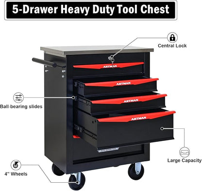 5-Drawer Rolling Tool Chest, Lockable Stainless Worktop for Garage,Black | Heavy Duty Metal Tool Cabinet with Drawers on Wheels for Warehouse and Workshop Storage