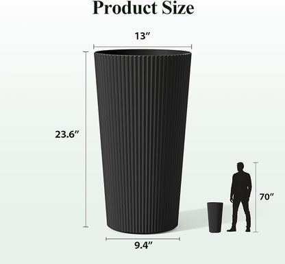 24" Black Outdoor Planter Set of 2, Tall Planters for Outdoor Plants with Drainage Hole, Large Flower Pots for Indoor Plants, Front Porch Decor/Patio, Plastic Striped