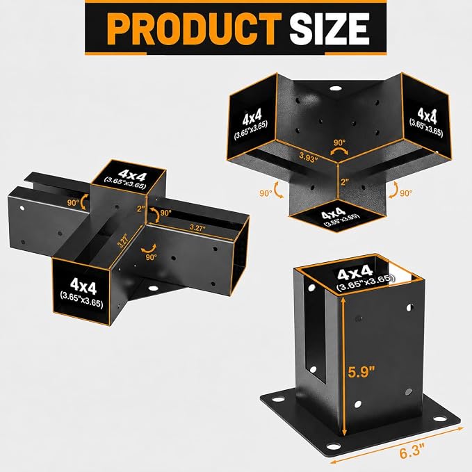 Heavy Duty 3-Way Pergola Brackets for 4x4 Lumber (Actual 3.6"x3.6"), 6PCS Post Base & 4PCS 3-Way & 2PCS 4-Way, DIY Pergola Kit with Screws for Garden, Gazebo, and Patio.
