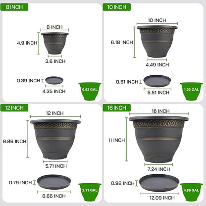 Usocik 16 Inch Plaid Plant Pots 4 Pack with Drainage and Saucers Gold | Gold plaid PP pots with drainage holes and saucers for large plants porch patio garden and entryway