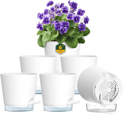 Meowell 6 inch Self Watering Pots for Indoor Outdoor Plants, 6 Pack Flower Plant Pots with Drainage Holes and Clear Reservoirs, Visible Water Level, Plastic Planters with Wicking Rope, White