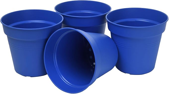 Mintra Garden Pots, 4 Pack Bulk Plastic Plant Pots with Drainage Tray, Round Indoor & Outdoor Decorative Planters with Drain Holes for Flowers, Herbs & Plants, 17cm Diameter – Blue, 6.6 in