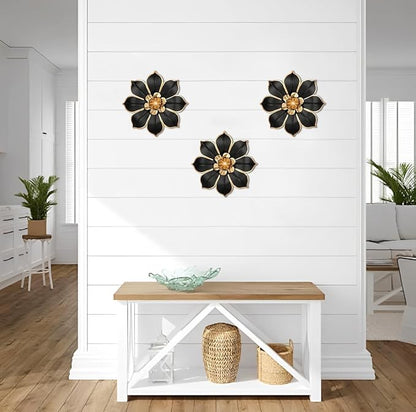 Metal Flowers Wall Decor Black and Gold Wall Art Decorations Hanging 3 Pc Rustic Modern Floral Sculpture Wall Accent Artwork Indoor Outdoor for Bathroom Kitchen Bedroom Living Room Patio Porch 10 Inch
