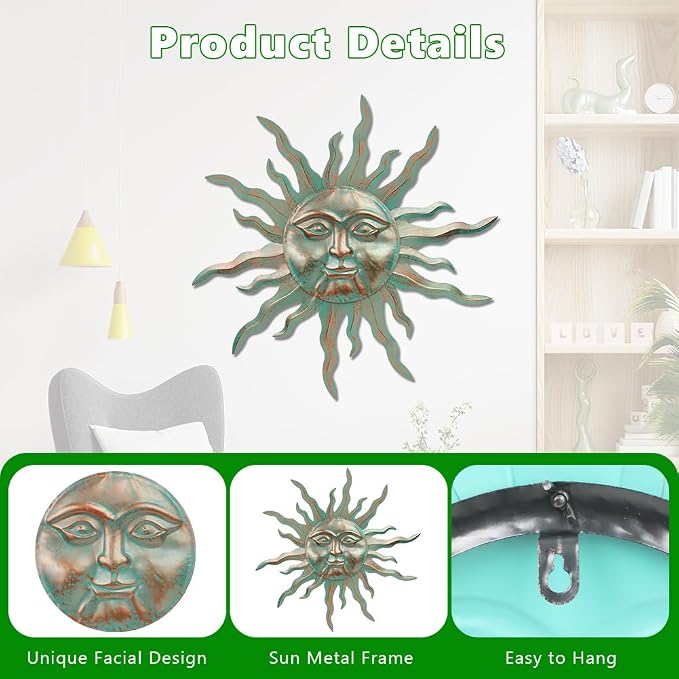 VEWOGARDEN Metal Sun Wall Decor 30" Large Outdoor Hanging Wall Art for Patio Farmhouse Garden Living Room Bedroom Decorations, Green