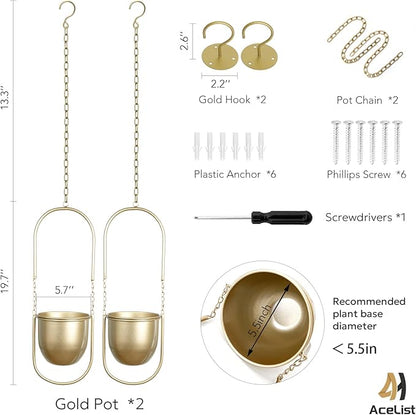 AceList Boho Hanging Planter for Indoor Plants - Set of 2 Gold Metal Wall Planter 5.7Inch with Hooks and Chins, Plant Hanger Decor for Window and Patio - Suitable for Hanging Plants Decor