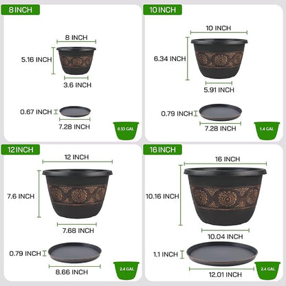 Usocik 8 Inch Retro Plant Pots 6 Pack with Drainage and Saucers Copper | Copper retro PP pots with drainage holes and saucers for herbs succulents starter plants shelves and windowsills