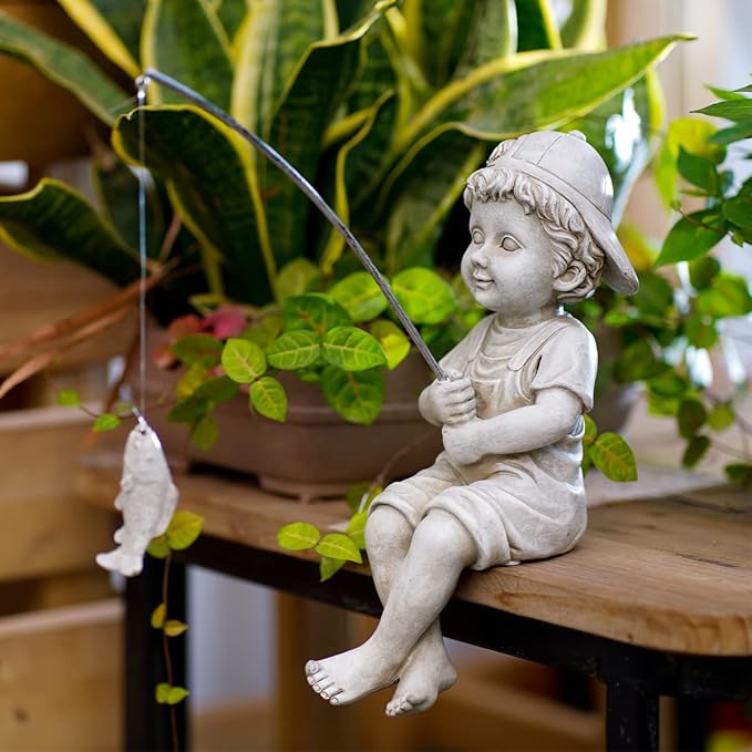 Goodeco Fisherboy Statue Garden Decor - 11" Little Fishing Guy for Koi Pond or Waterfalls, Poolside Statue with Glow in Dark Pebbles Included, Great Gifts for Mom, Women or Birthdays, Gift Ideas