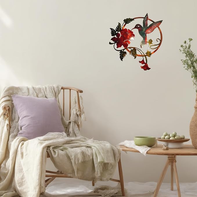 Zoihet Round Metal Bird Wall Art Decor - Hummingbird Wall Art Silhouette for your patio, garden, and fence Art Decor, Bird Wall Silhouette Indoor and Outdoor Hanging (Red)