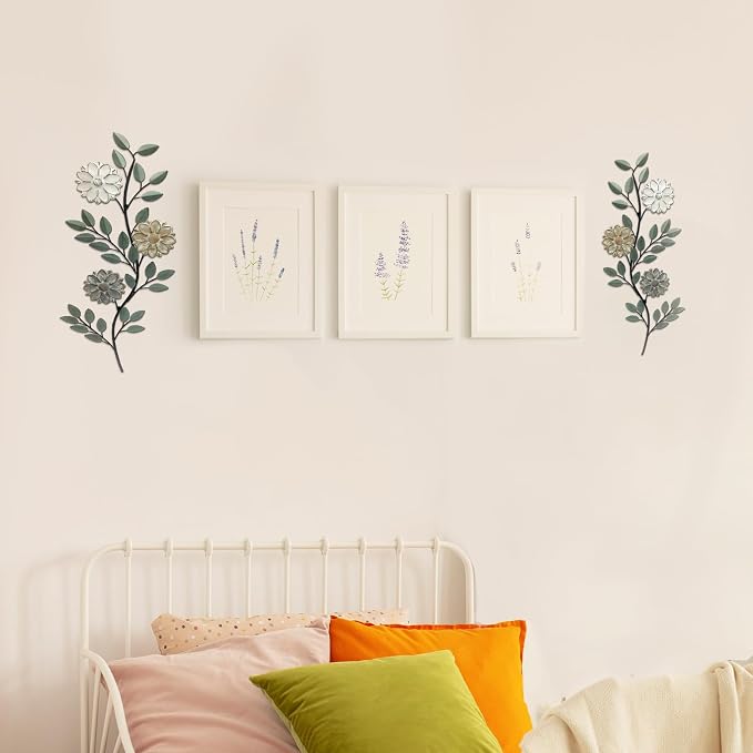 MorningRo 2 Pcs Metal Flower Leaves Wall Art Spring Wall Decor Living Room, 15.75 Inch Vintage Rustic Branch Leaf Wrought Iron Scroll Art Decor for Summer Bedroom Indoor Outdoor Decorations(Green)