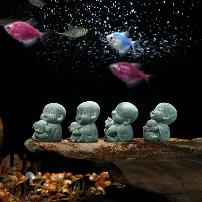 4pcs Mini Buddha Statue with Animal Companion, Aquarium Decor, Feng Shui Zen Monk Sandstone Sculpture, Cute Small Fish Tank Ornament for Home Garden, Buddha Decoration