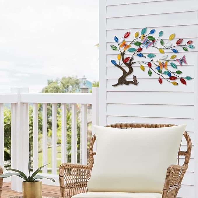 dreamskip Tree of Life Metal Wall Art, 23" Outdoor Large Tree Wall Sculpture with Colorful Leaves and Butteflies, Metal Outdoor Garden Decor for Patio, Fence, Yard, Living Room, Bedroom
