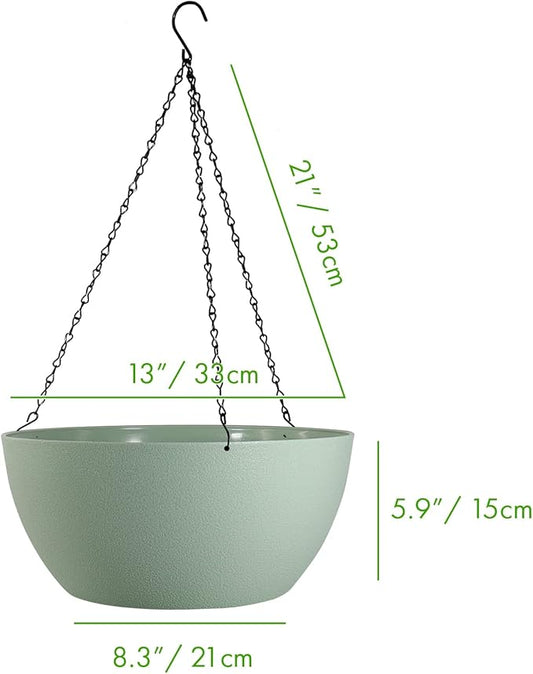 WSMKSZ 13 inch Large Hanging Planters Plant Pots for Outdoor Indoor Plants with Drainage Holes and Chain, 2 Pack Round Hanging Flower Pots for Garden Home Porch Decor, Green