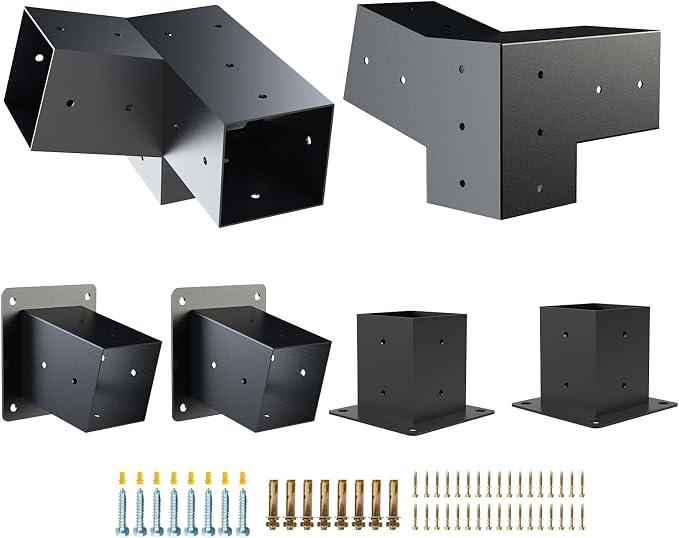 Pergola Kit with Brackets, 15°Slanted Roof Pergola Bracket Kit, Roof Wall Mount Extension Bracket Kit 3-Way Brackets for Pergolas,Log Cabin Outdoor Pergola 4"x 4" (Actual 3.5" X 3.5") Lumber