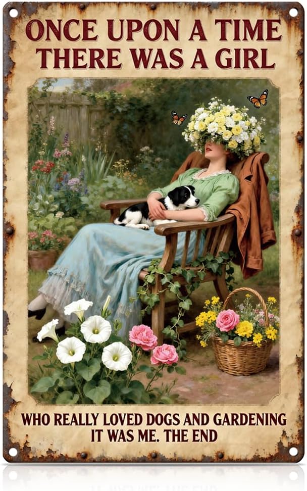 Garden Metal Tin, A Girl Loves Dogs and Gardening Sign | Funny Wall Art for Outdoor Garden Yard Porch Patio Backyard Wall Decor,Gardening Gifts for Women