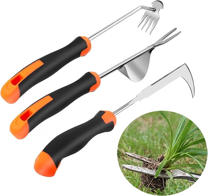 Weed Puller Tool, 3 Pack Hand Weeder Tool, Stainless Steel Dandelion Remover for Lawn Care, 4 Teeth Manual Crack Weeder, L-Shaped Weeding Tool with Ergonomic Handle for Garden, Flower Beds, Patio