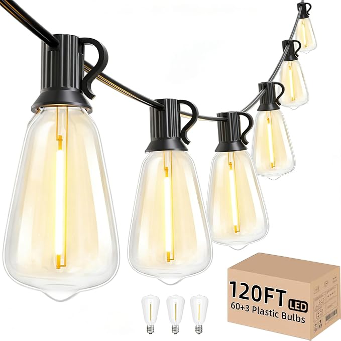 Svater Outdoor String Lights 120 FT, Waterproof Patio Light with 63 Bulbs | Outside Lighting, ETL Listed Shatterproof ST38 Dimmable Edison LED Bulb, Connectable For Backyard Porch Balcony, Warm White