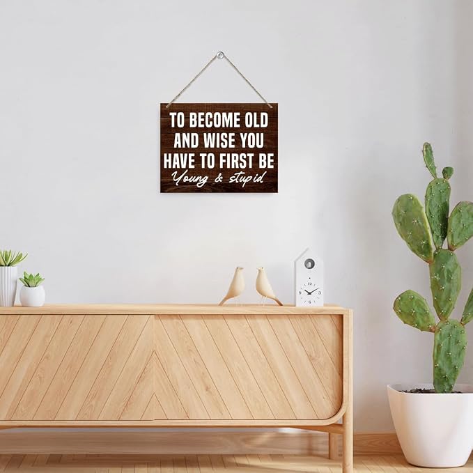 Funny Man Cave Signs - To Become Old and Wise You Have to First be Young and Stupid, Rustic Door Hanger, Wall Art Decor For Men Man Cave Bar Vintage Garage Sign 7.9 x 10.2 Inches