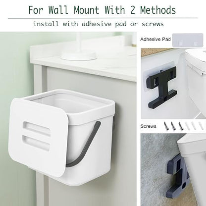 LALASTAR Trash Can with Lid, Wall-Mounted Under Sink Small Garbage Can for Kitchen, Bathroom, Hanging Plastic Trash Can, 1.8 Gallon, White