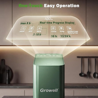 Growell Electric Composter for Kitchen, 3.2L Smart Odorless Compost Bin, Low Noise & Odorless, Indoor Countertop Food Waste Composter with LED Display, One-Touch Operation, Auto-Cleaning, EC04 (Green)