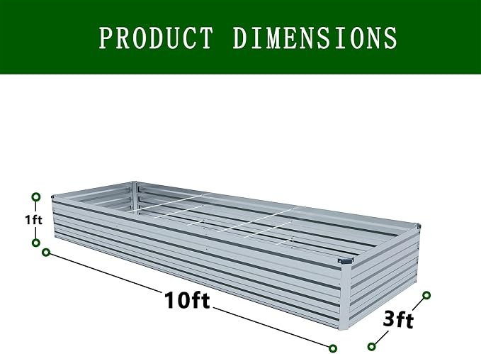 2PCS 10x3x1ft Galvanized Raised Garden Bed Kit,Gardening Planter Box | Outdoor Elevated Metal Planter Box For Vegetables, Flowers, Herbs, Anti-Rust Galvanized Steel, Open Drainage, Sturdy (Silver)