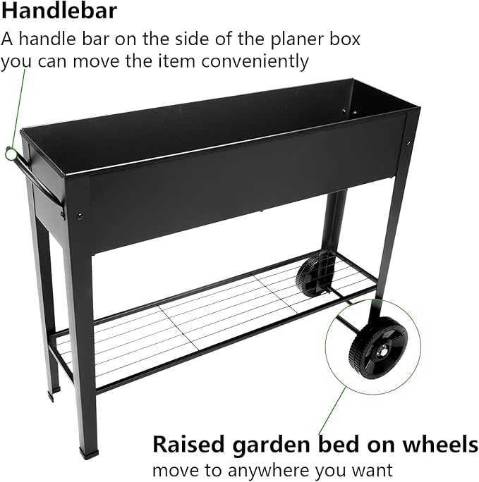 Piksedo Raised Garden Bed, Elevated Planter Metal Plant Box with Wheels with Legs Standing Garden Stand Drainage Holes Frosted Black