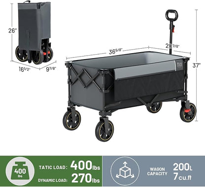 Timber Ridge Collapsible Wagon Cart with Brakes, 400lbs Heavy Duty Large Capacity Compact Portable Folding Wagon, Utility Grocery Cart for Camping, Gardening, Shopping-Grey