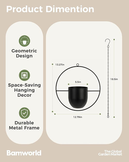 Bamworld Black Hanging Planters for Indoor Outdoor Plants Metal Hanging Pots for Plants 5.5 Inch Modern Hanging Basket Window Plant Hanger Ceiling Hanging Flower Pot with Chain for Wall Decor (Round)
