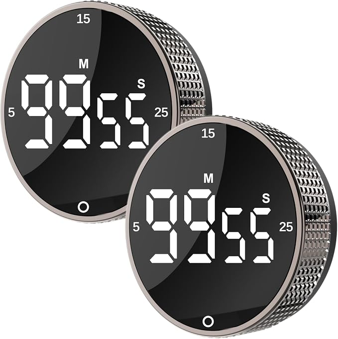 Digital Kitchen Timer - Magnetic Countdown Count Up Clock with Large LED Display, 5/15/25 Min Presets, 3 Volume Levels, Rotary Dial for Cooking, Productivity, Classroom, Fitness (2, Tarnish)